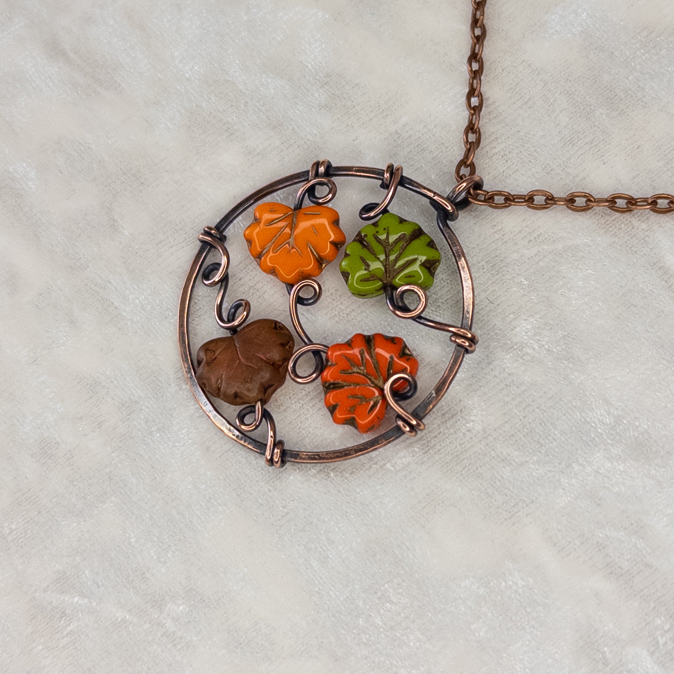 “Autumn Leaves” Antiqued Copper Pendant With Czech Glass Leaf Beads