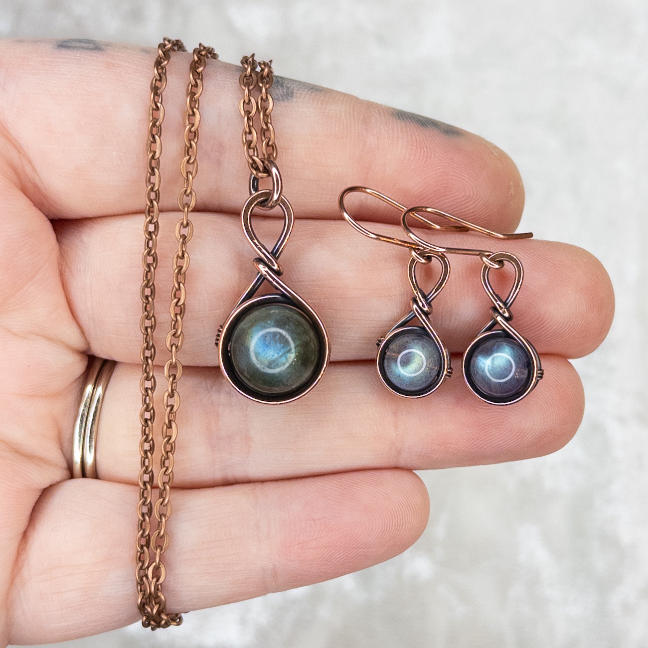 Drops of Labradorite Antiqued Copper Pendant & Earrings Set