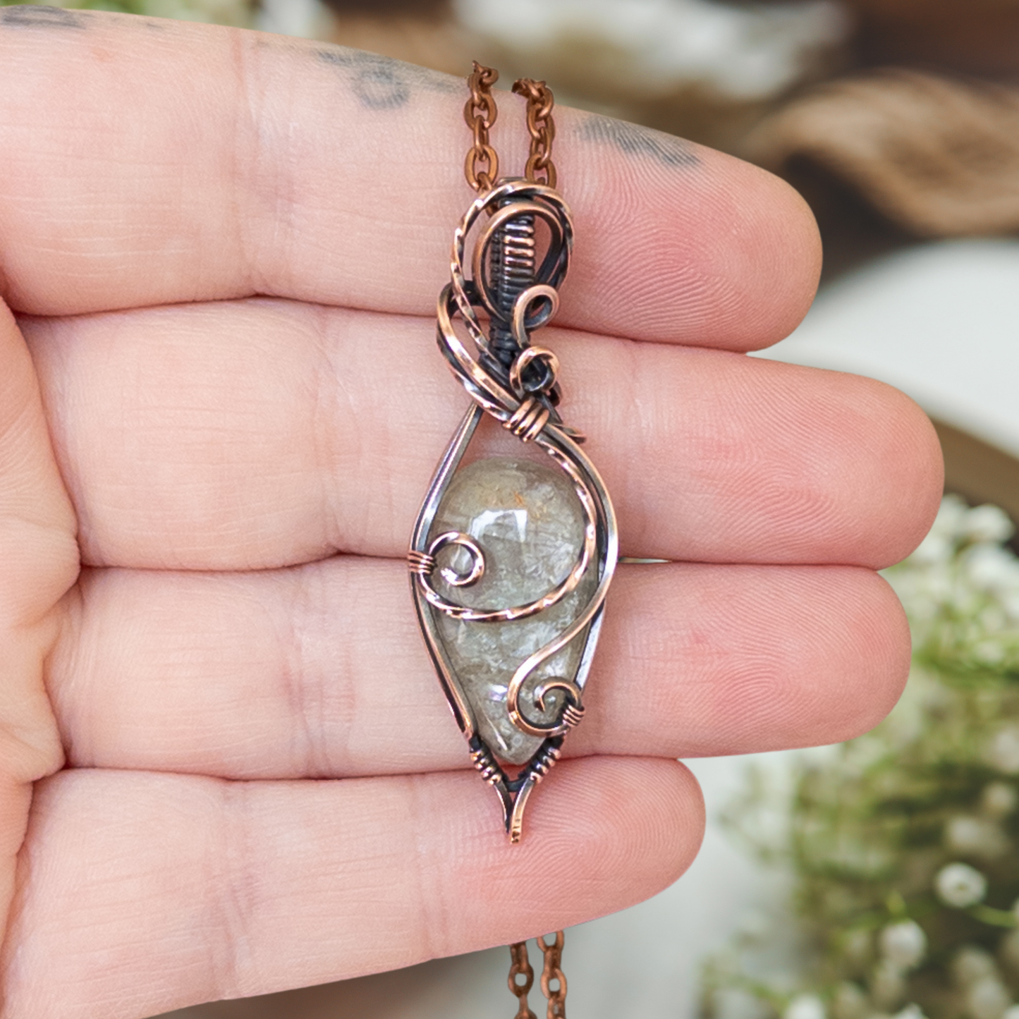 Green Tanzanian Sunstone Antiqued Copper Pendant