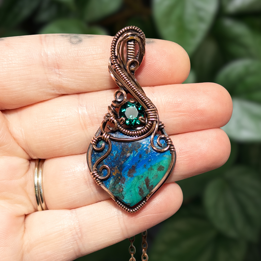 Moroccan Azurite with Malachite & Simulated Emerald Antiqued Copper Pendant