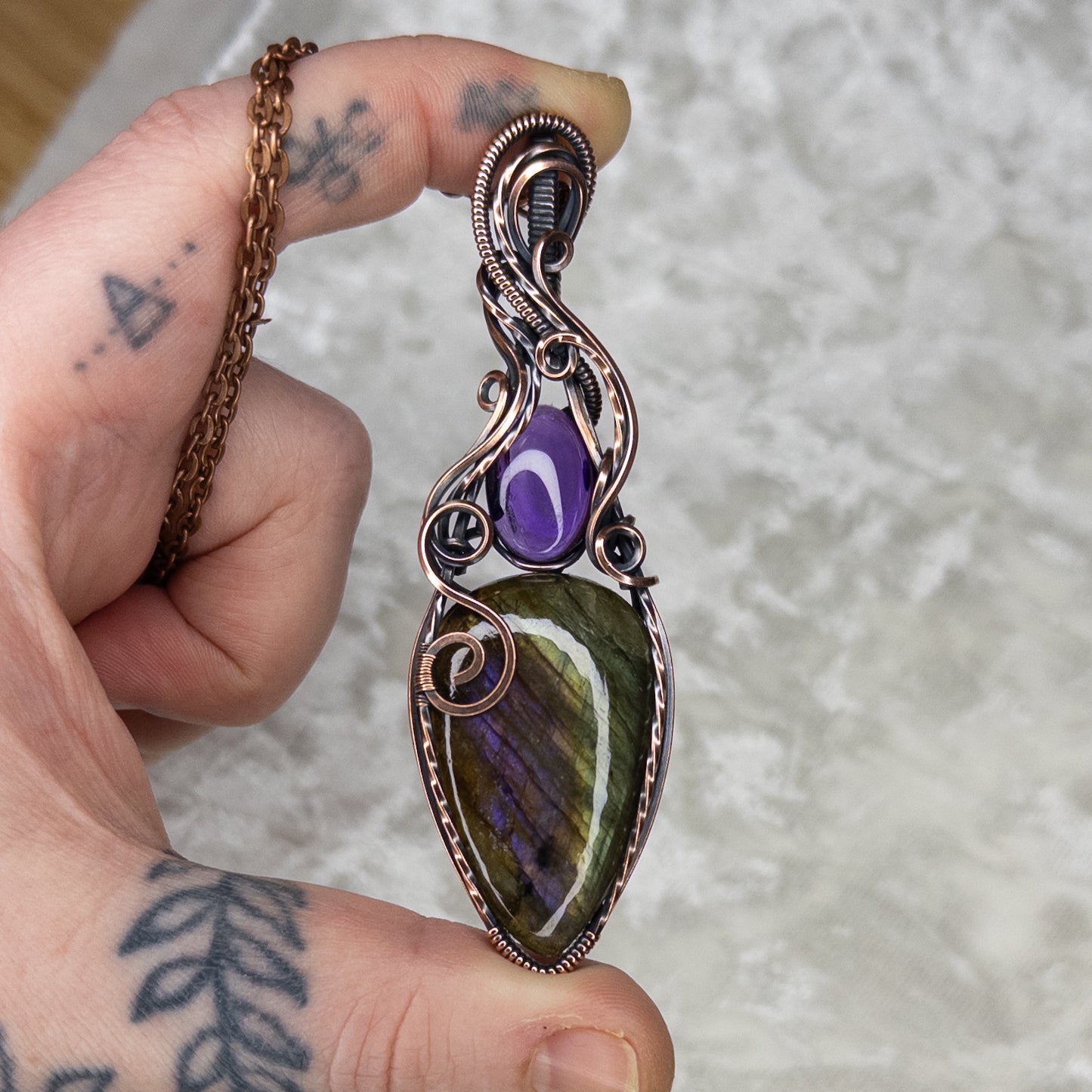 Unique Purple/Green Labradorite & Amethyst Antiqued Copper Statement Pendant