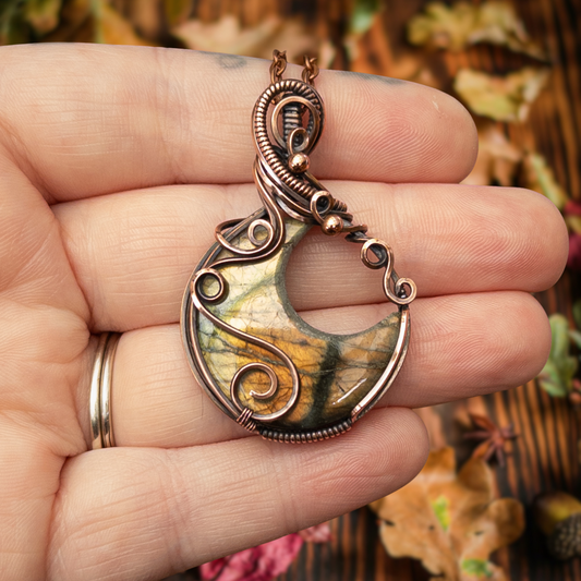 Golden Labradorite Moon Antiqued Copper Pendant