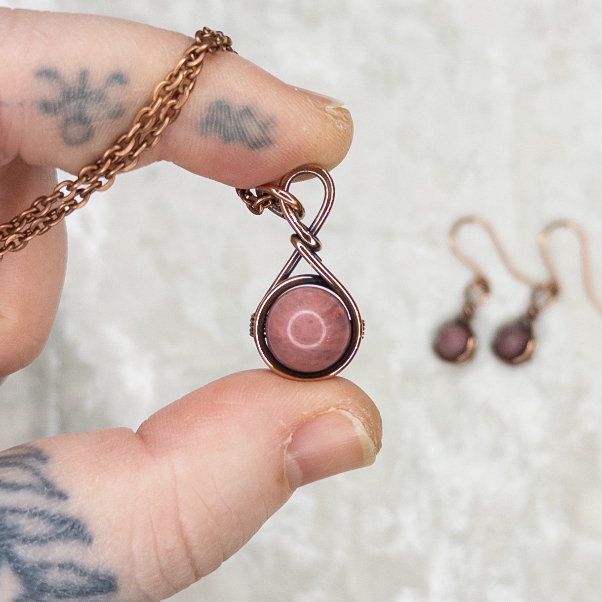 Drops of Rhodonite Antiqued Copper Pendant & Earrings Set