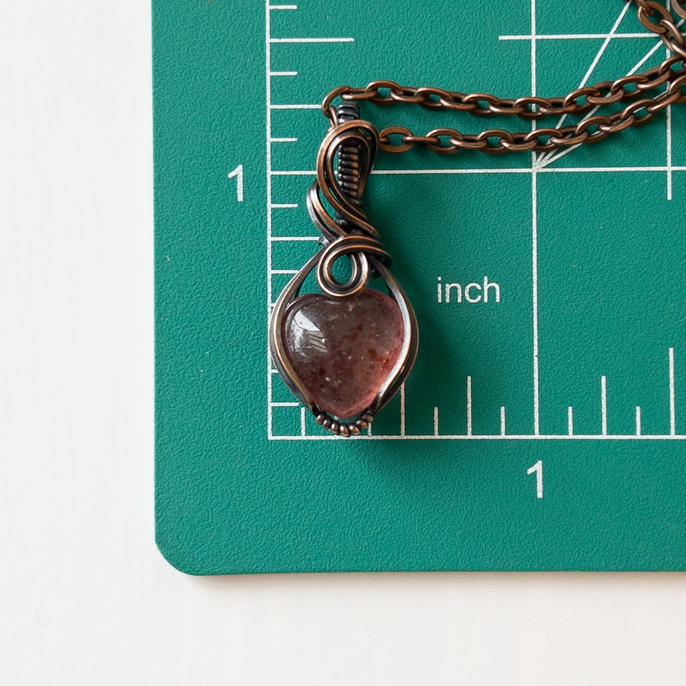 Mini Strawberry Quartz Heart & Copper Wrapped Pendant - E