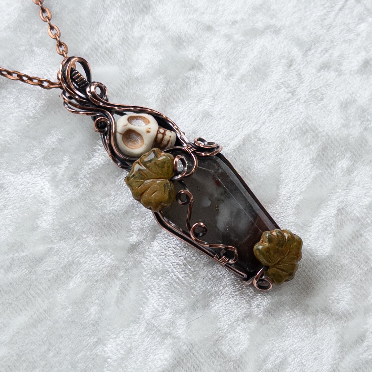 African Bloodstone Coffin & Skull Antiqued Copper Pendant With Czech Glass Leaves