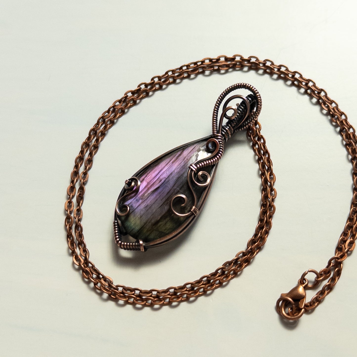 Purple Labradorite with Swirl Design Antiqued Copper Wrapped Pendant