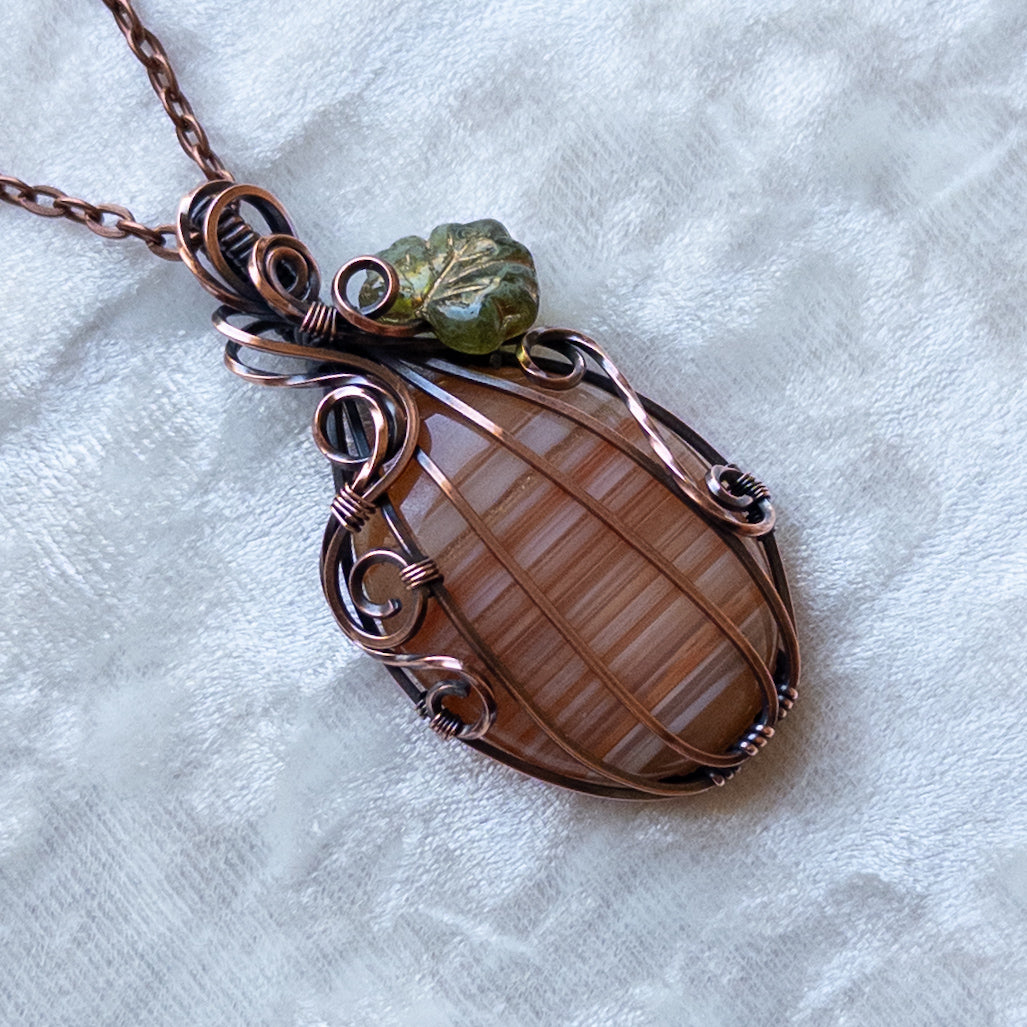 The Last “Candy Corn” Agate Pumpkin Pendant With Czech Glass Leaf - Antiqued Copper