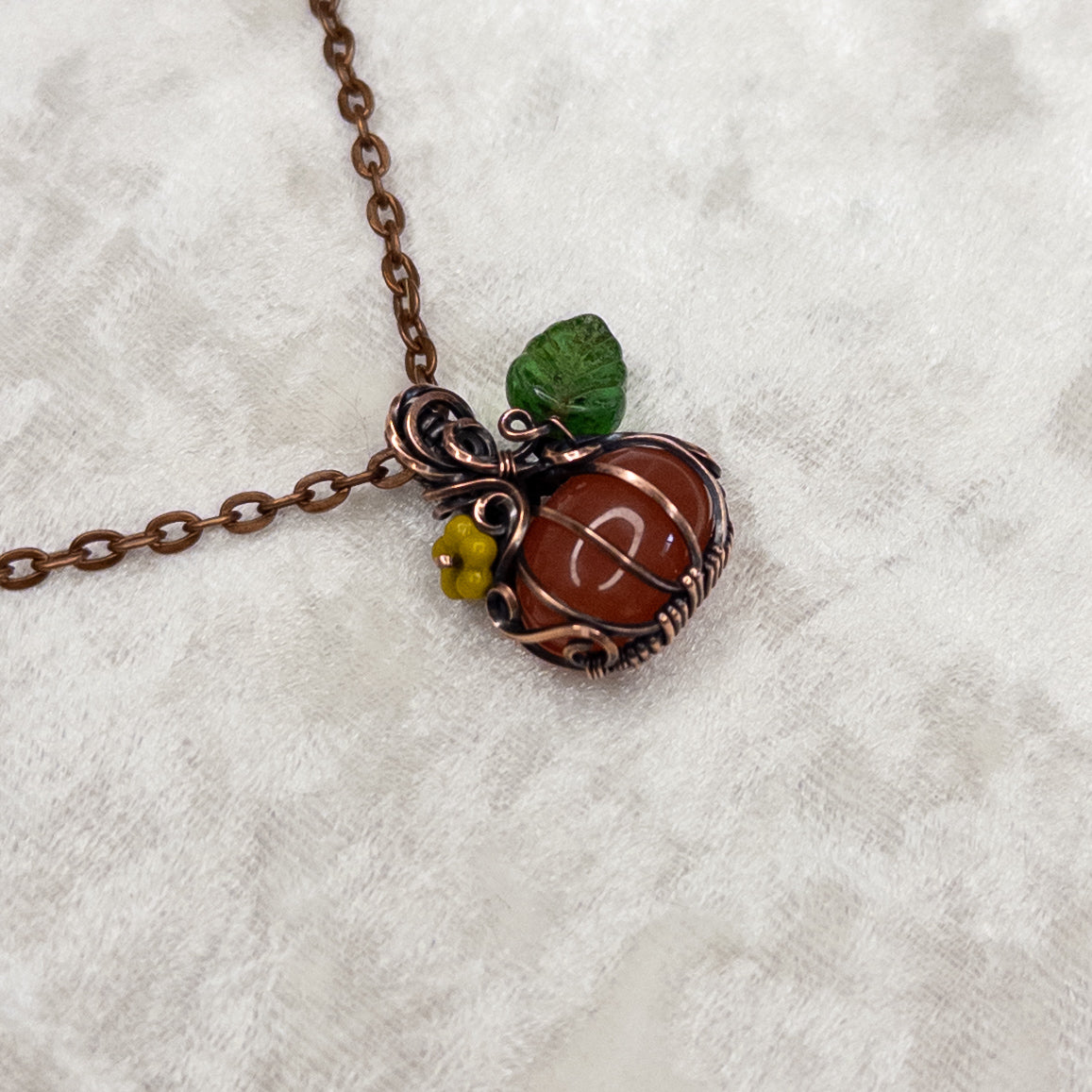 Dainty Carnelian Antiqued Copper Pumpkin Pendant with Czech Glass Blossom & Leaf