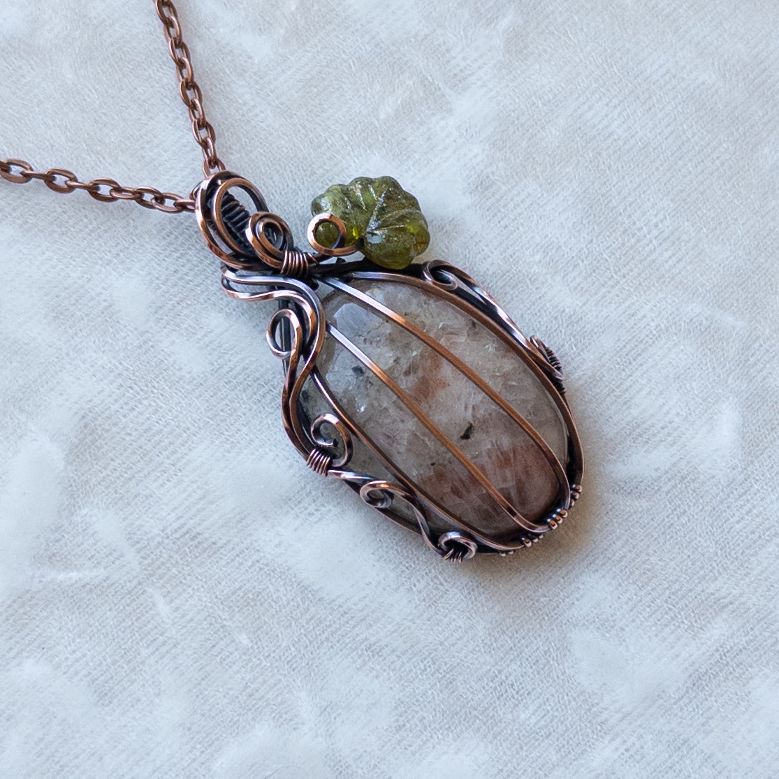 Sunstone Antiqued Copper Pumpkin Pendant With Czech Glass Leaf