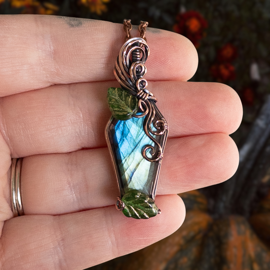 Labradorite Coffin & Leaves Antiqued Copper Pendant