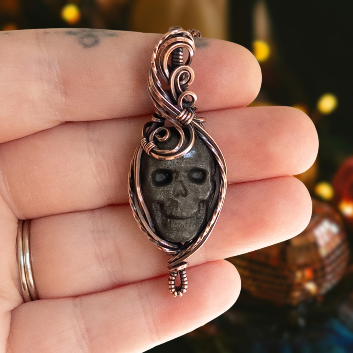 Silver/Gold Sheen Obsidian Skull Antiqued Copper Pendant