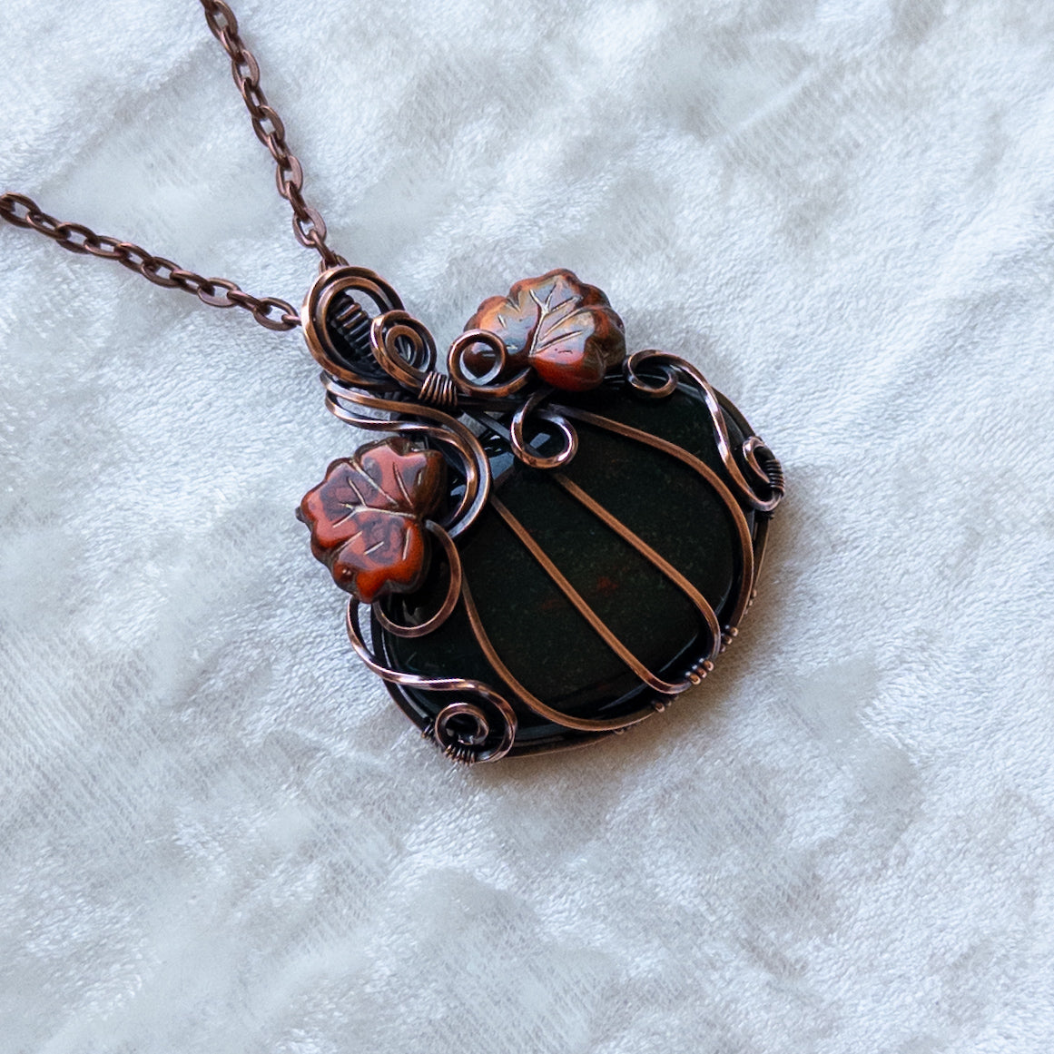 Bloodstone Pumpkin Pendant Witch Czech Glass Leaves - Antiqued Copper