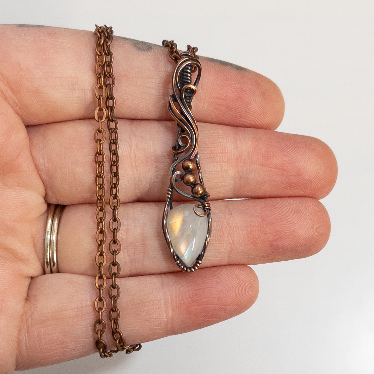 Dainty Rainbow Moonstone Copper Wrapped Pendants