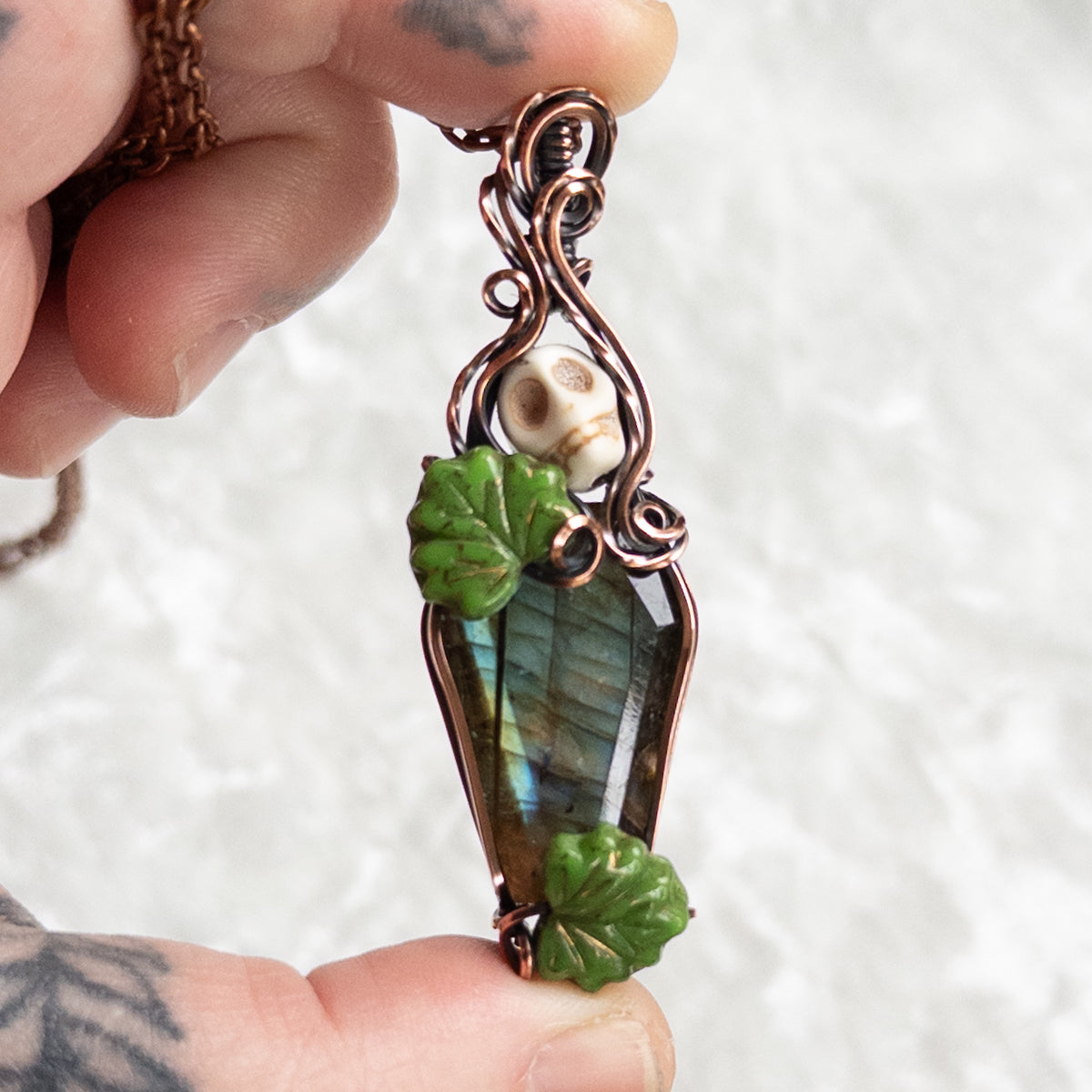 Labradorite Coffin & Skull Antiqued Copper Pendant With Czech Glass Leaves