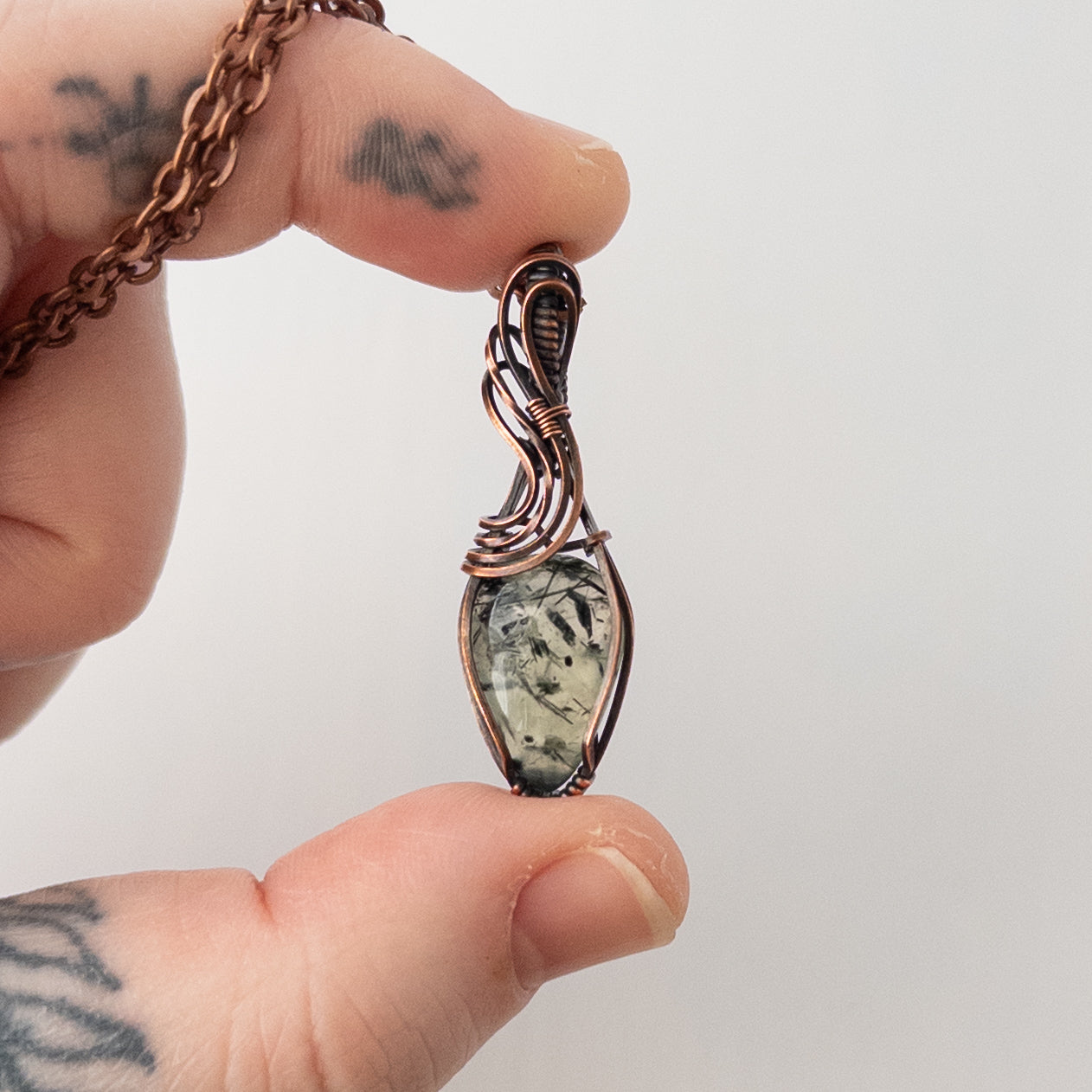 Dainty Prehnite Copper Wrapped Pendant