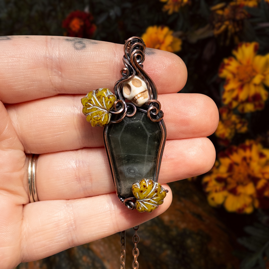 African Bloodstone Coffin & Skull Antiqued Copper Pendant With Czech Glass Leaves