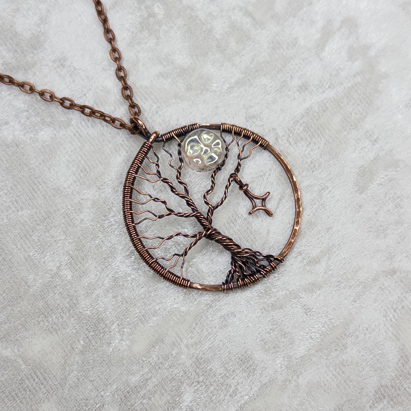 “Moon In The Tree” Antiqued Copper Pendant With Iridescent Czech Glass Bead