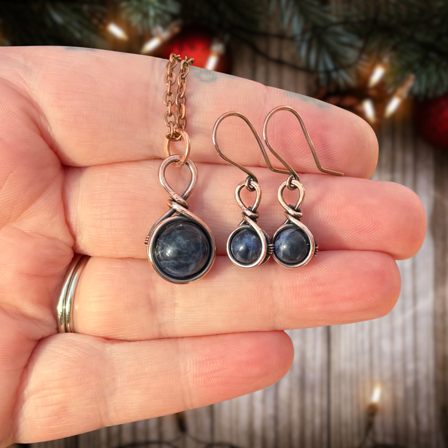 Drops of Sodalite Antiqued Copper Necklace & Earring Set