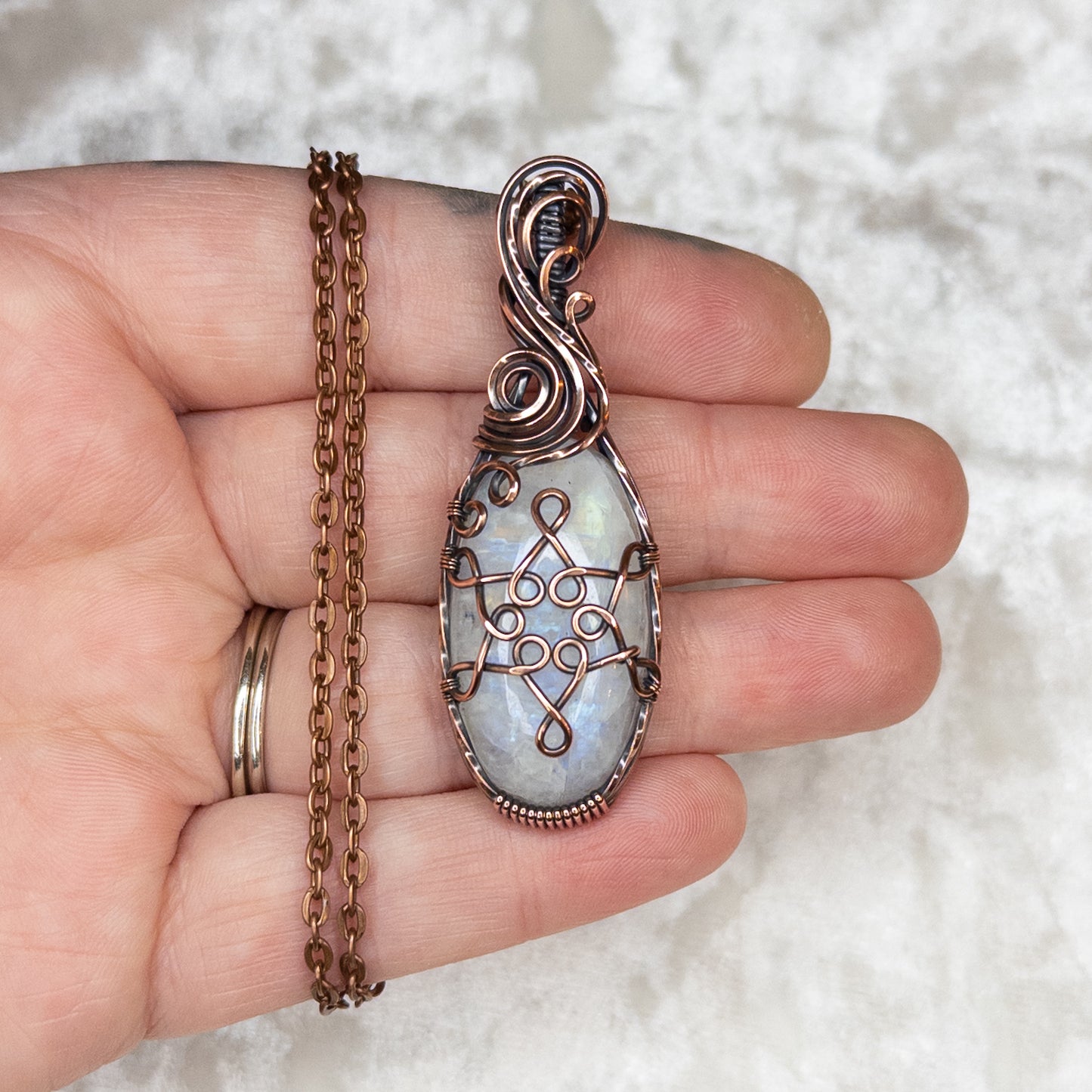 Rainbow Moonstone Snowflake Antiqued Copper Pendant