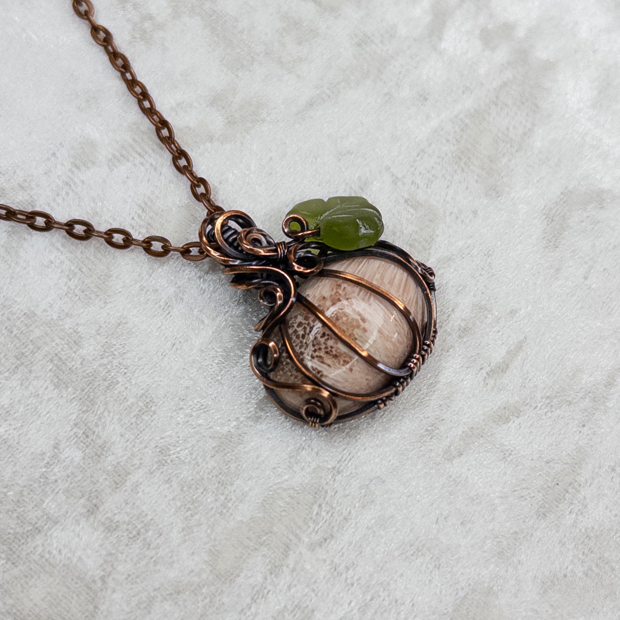 Pink Scolecite Antiqued Copper Pumpkin Pendant With Czech Glass Leaf