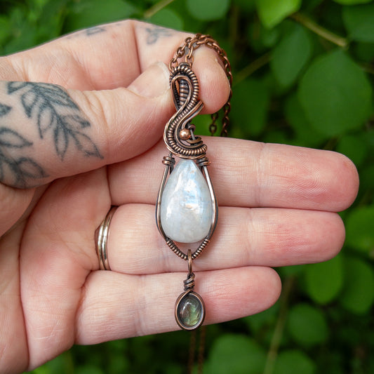 Rainbow Moonstone With Labradorite Charm & Copper Wrapped Pendant