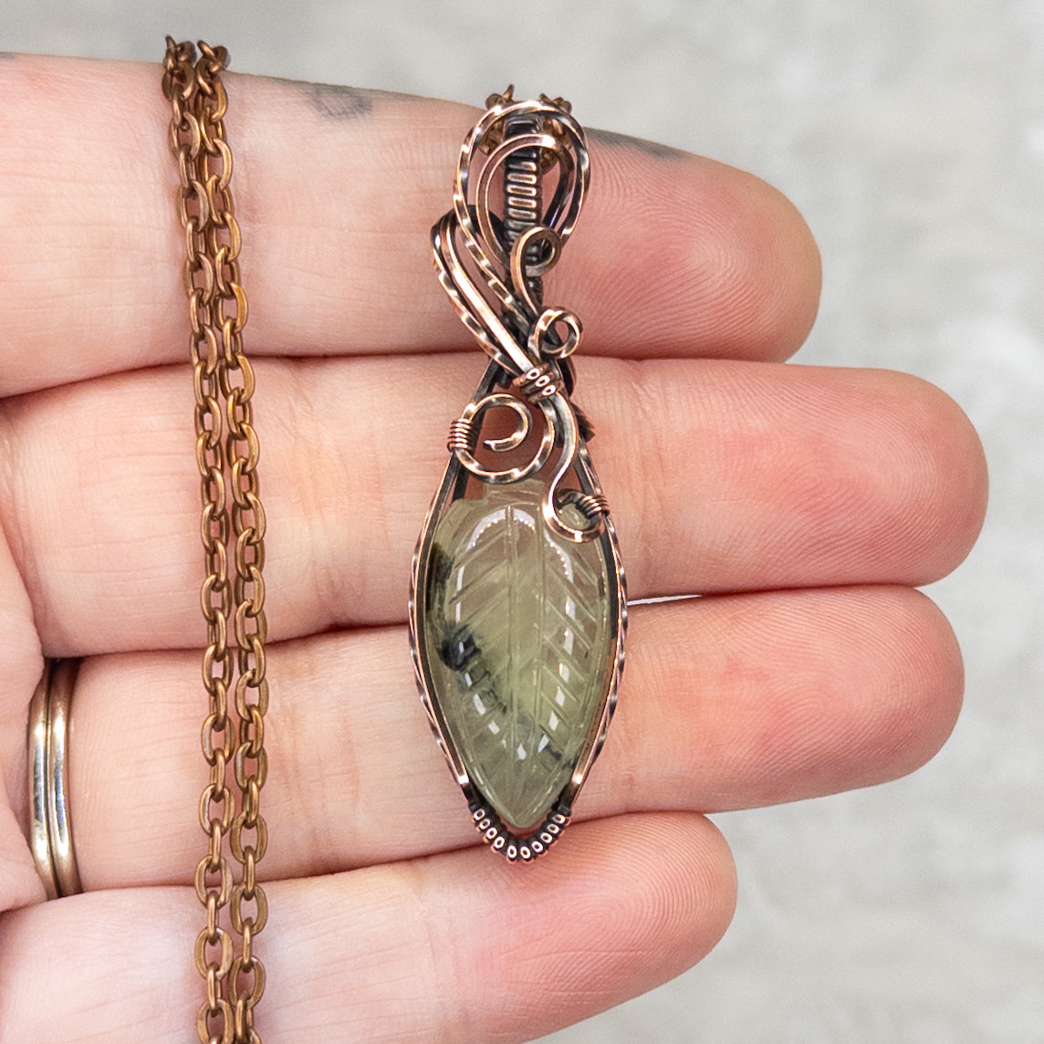 Carved Prehnite Leaf Antiqued Copper Pendant