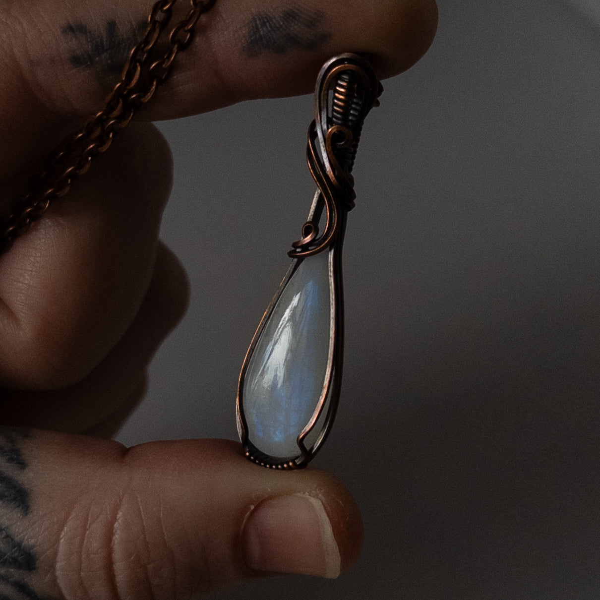 Moonstone Teardrop Copper Wrapped Pendant