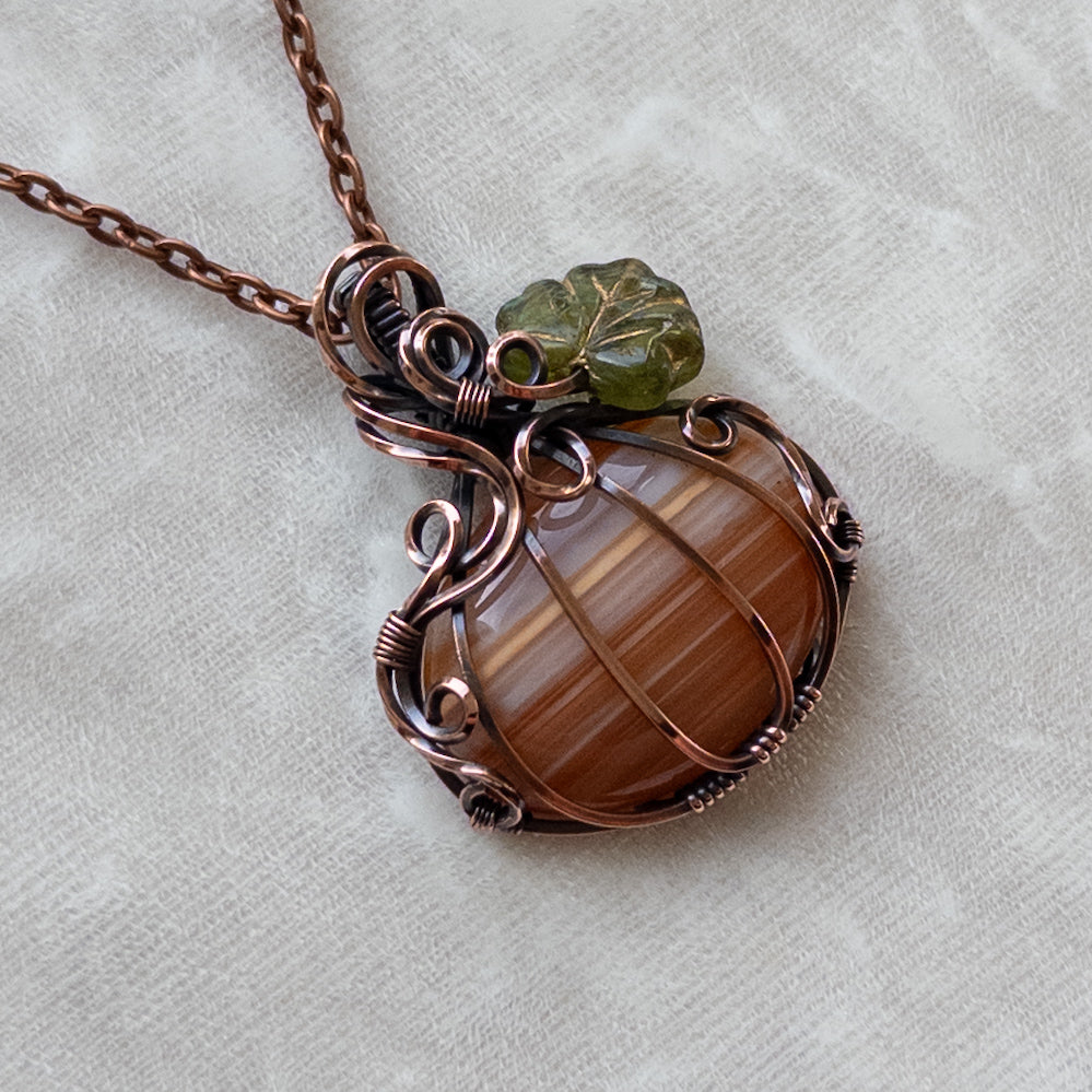 “Candy Corn” Agate Antiqued Copper Pumpkin Pendant With Czech Glass Leaf
