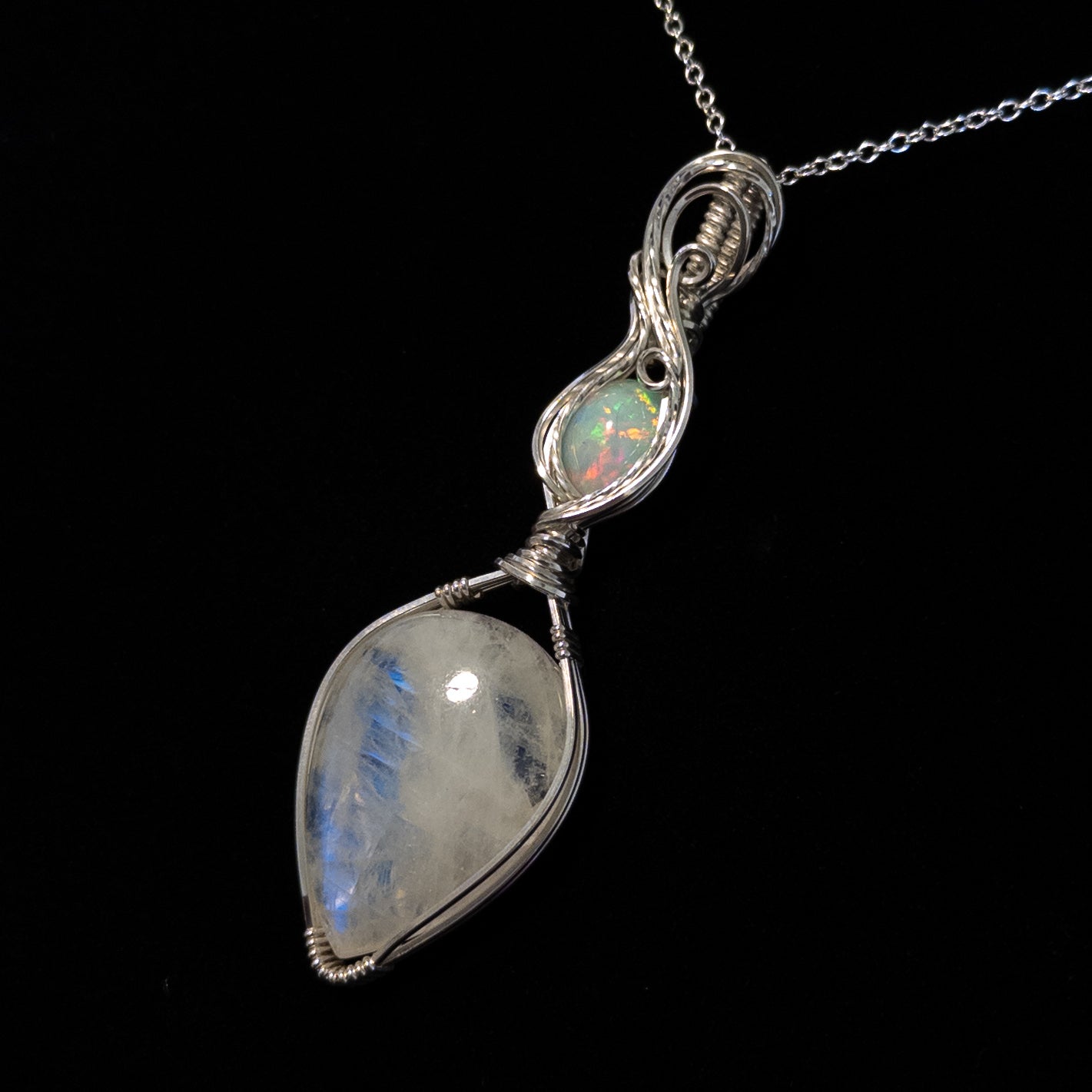 Blue Flash Moonstone & Ethiopian Opal .925 Sterling Silver Pendant