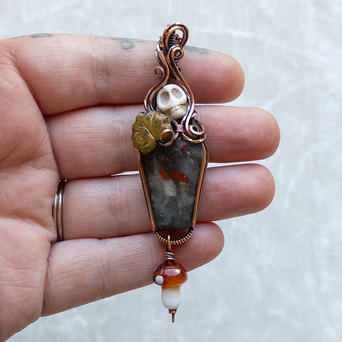 African Bloodstone Coffin Antiqued Copper Pendant With Skull, Leaf, & Dangling Glass Mushroom