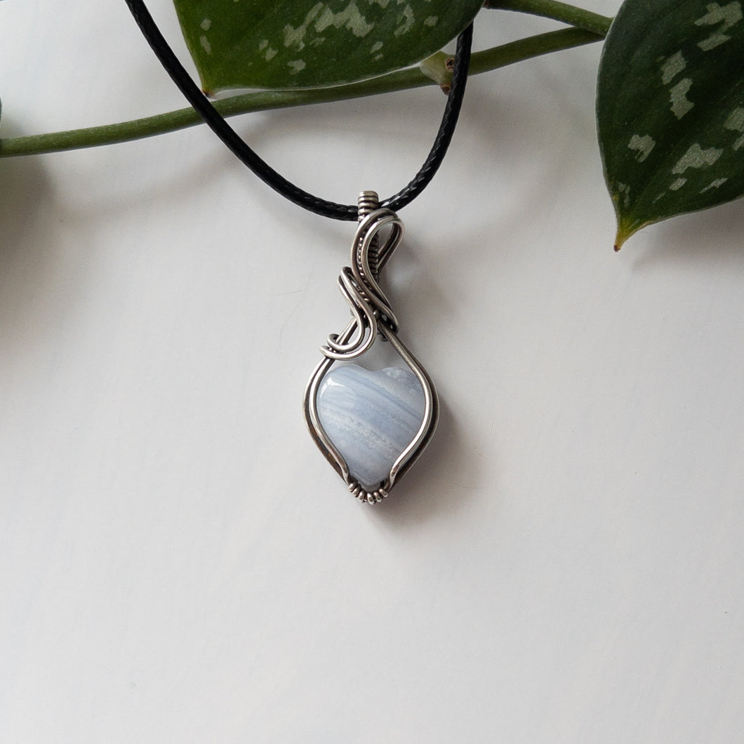 Mini Blue Lace Agate Heart & Sterling Silver Wrapped Pendant - C