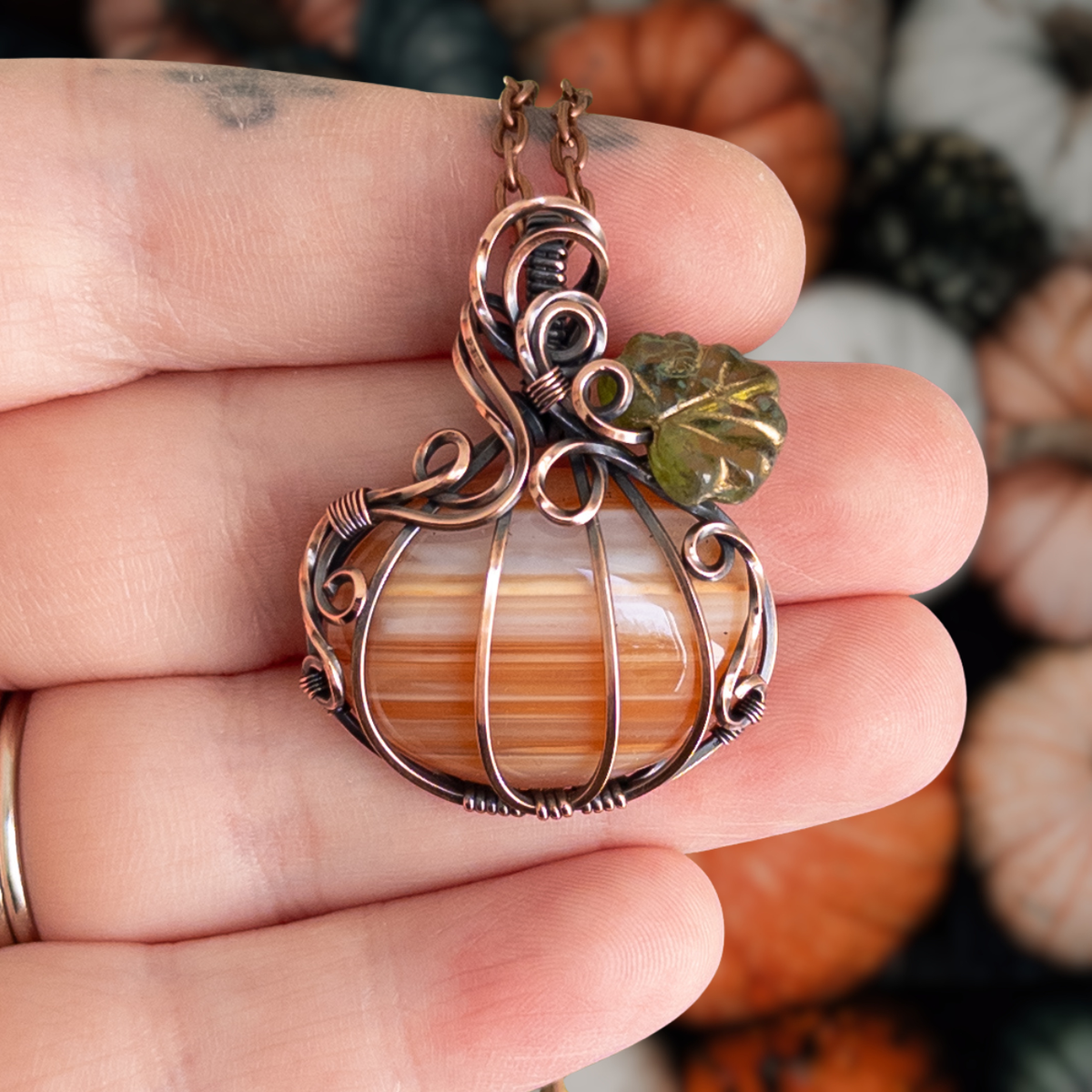 “Candy Corn” Agate Antiqued Copper Pumpkin Pendant With Czech Glass Leaf