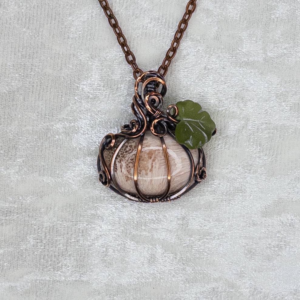 Pink Scolecite Antiqued Copper Pumpkin Pendant With Czech Glass Leaf