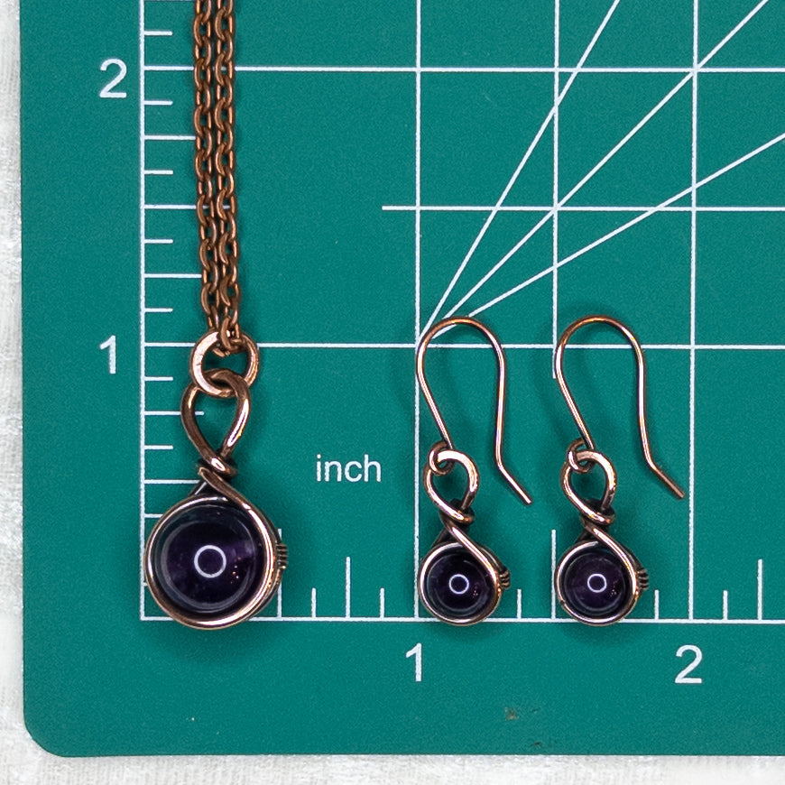 Drops of Amethyst Antiqued Copper Pendant & Earrings Set