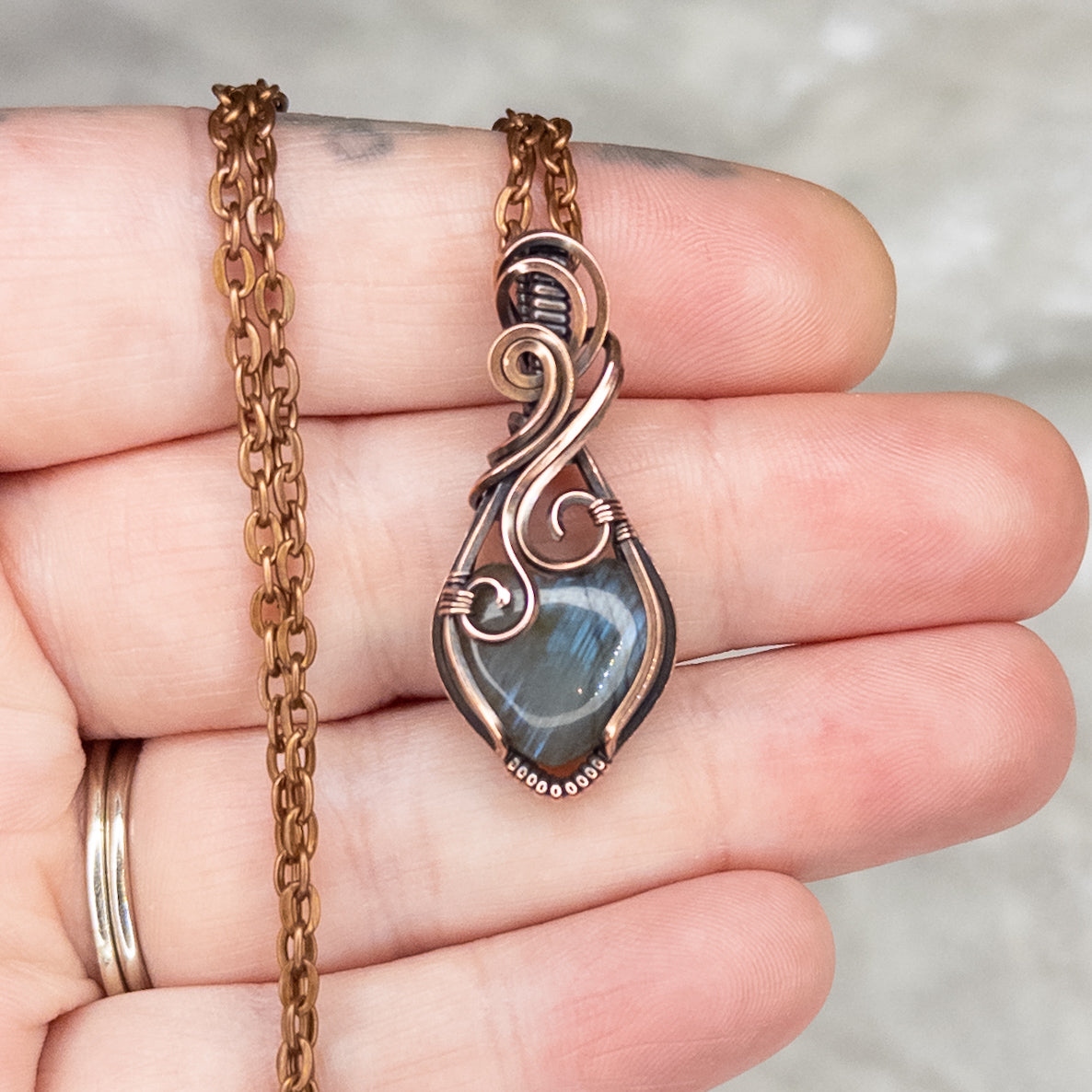 Mini Labradorite Heart Antiqued Copper Pendant