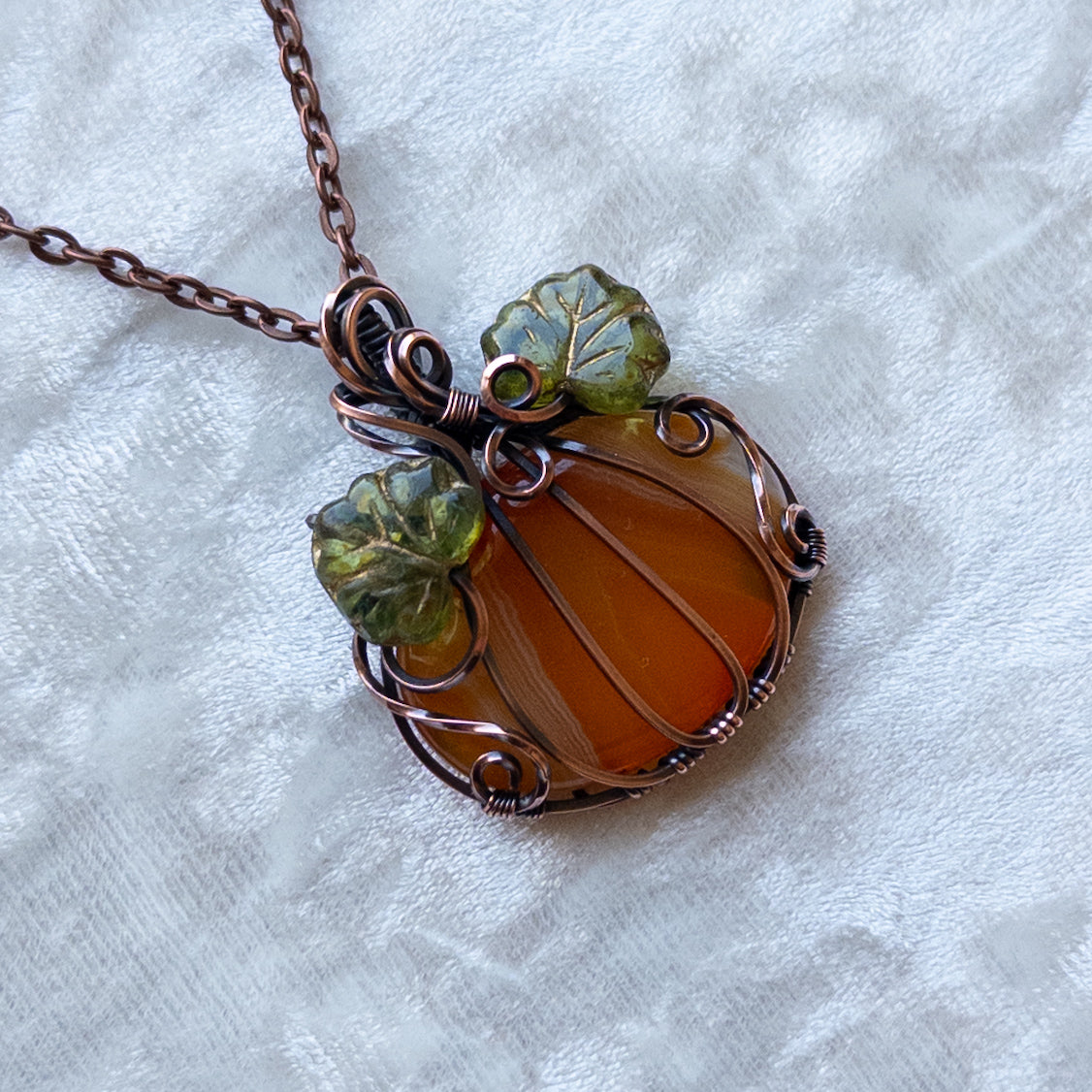 Orange Agate Pumpkin Pendant Witch Czech Glass Leaves - Antiqued Copper