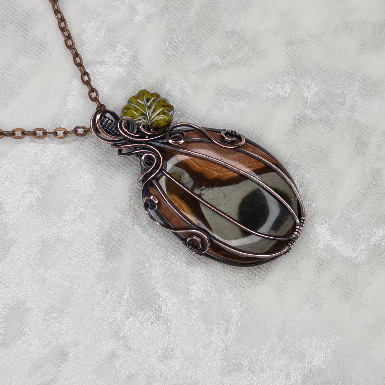 Polychrome Jasper Antiqued Copper Pumpkin Pendant With Czech Glass Leaf