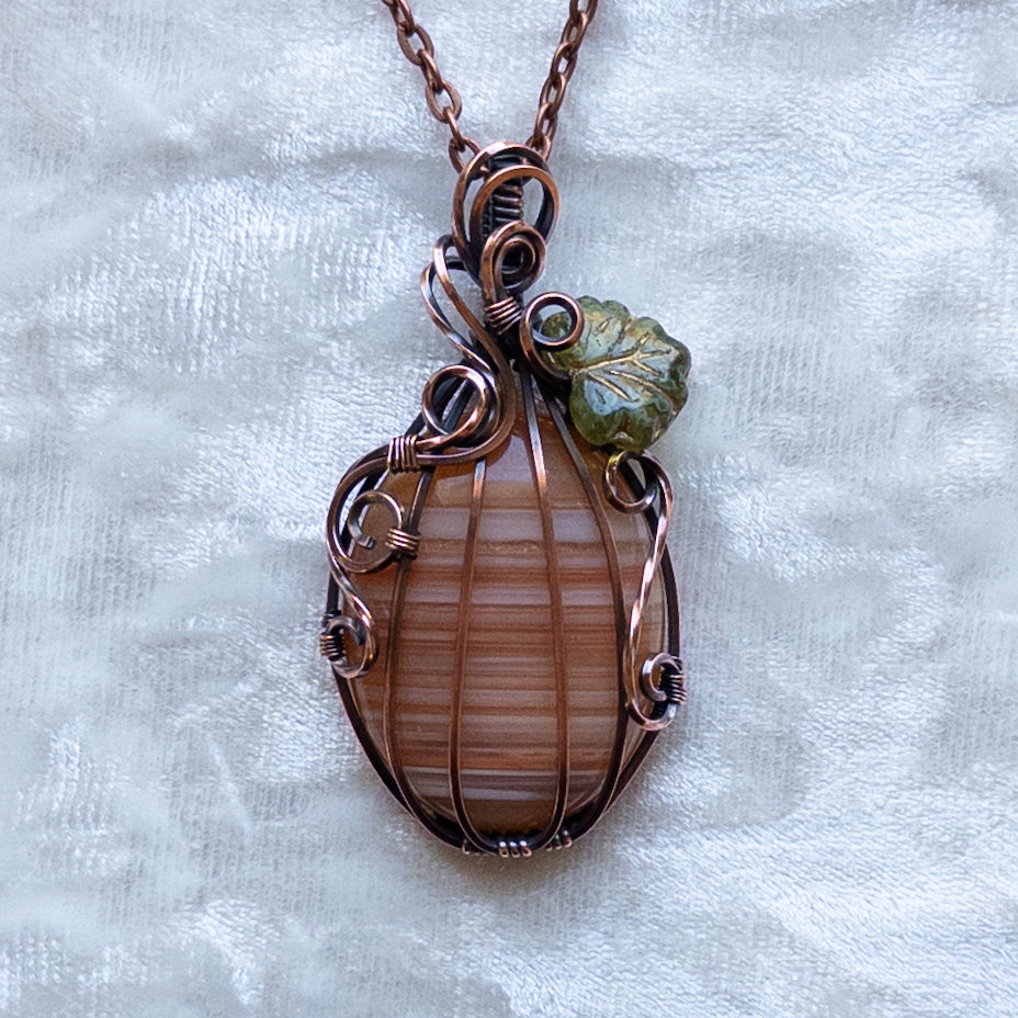 The Last “Candy Corn” Agate Pumpkin Pendant With Czech Glass Leaf - Antiqued Copper