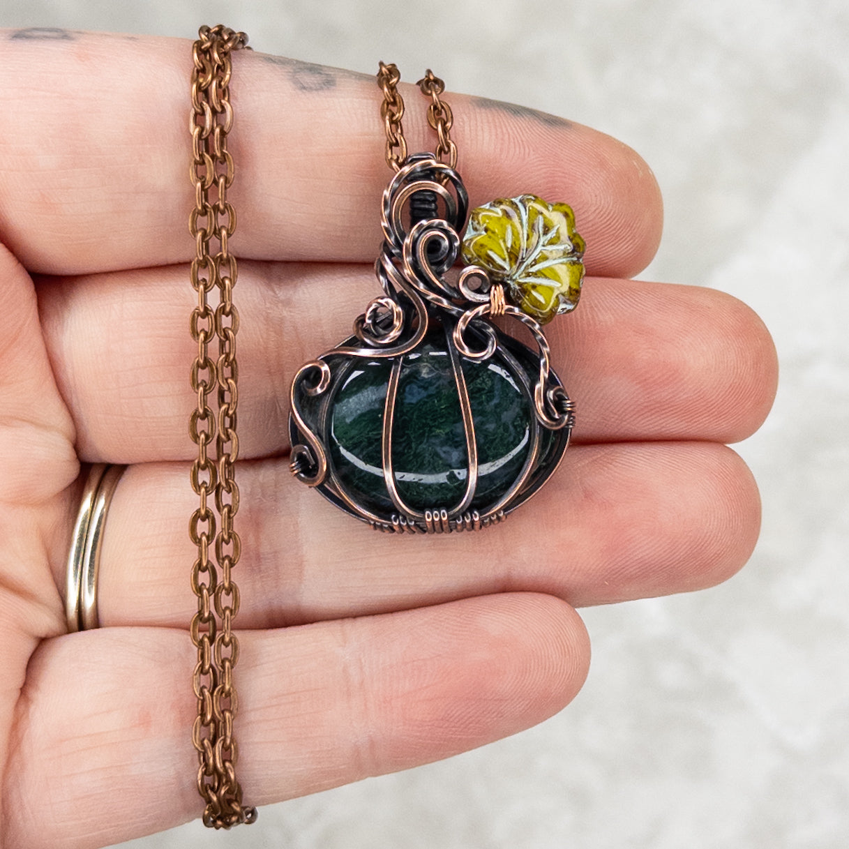 Moss Agate Antiqued Copper Pumpkin Pendant With Czech Glass Leaf