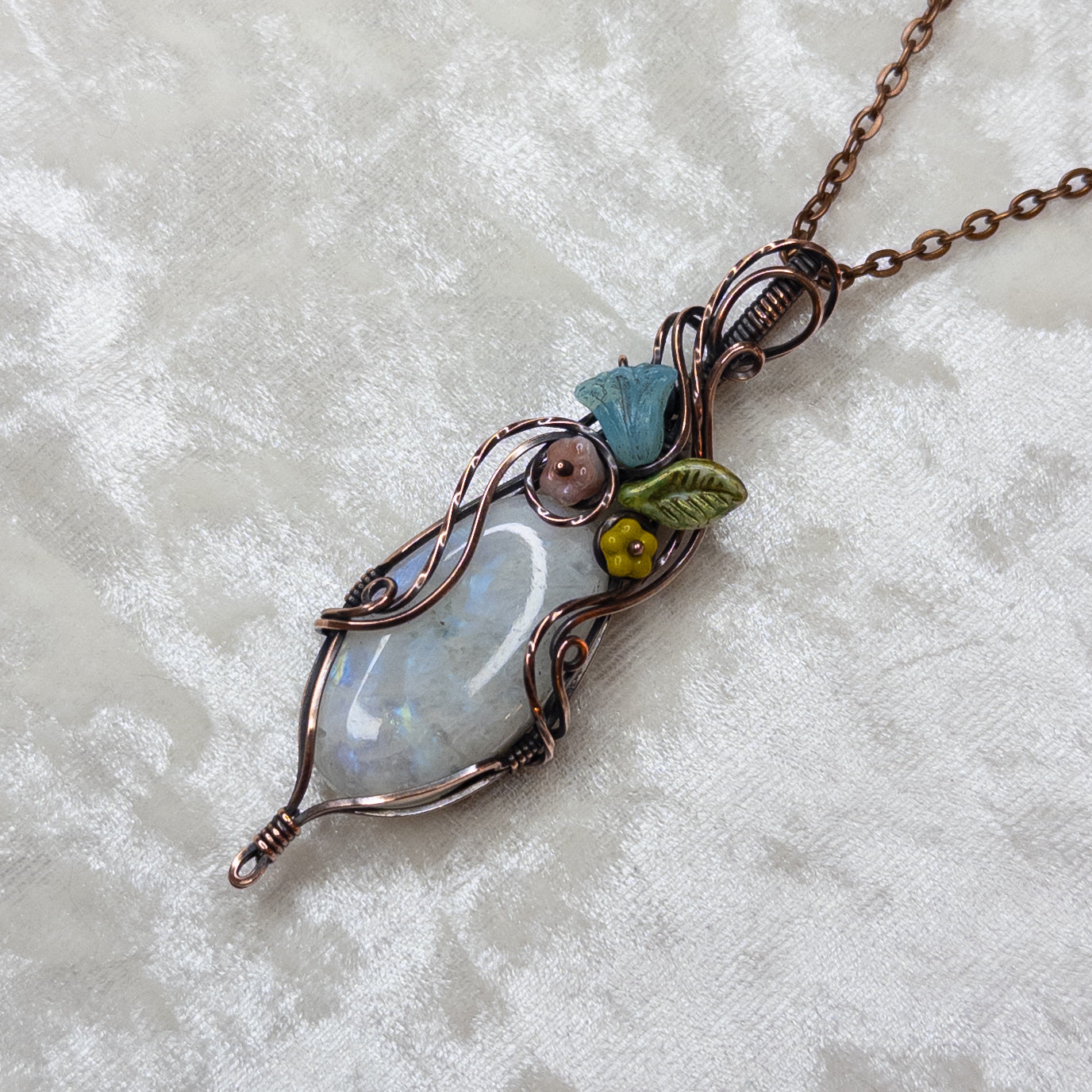 Moonstone & Czech Glass Antiqued Copper “Bouquet” Pendant