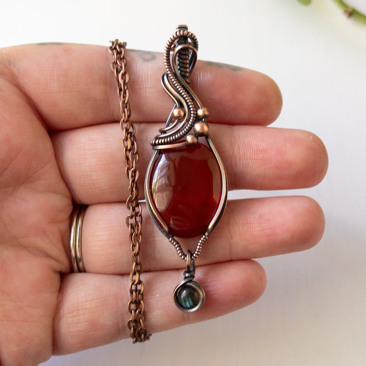 Carnelian With Labradorite Charm Antiqued Copper Wrapped Pendant