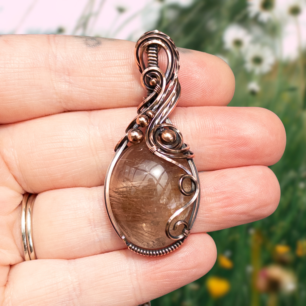 Golden Rutilated Quartz Antiqued Copper Pendant