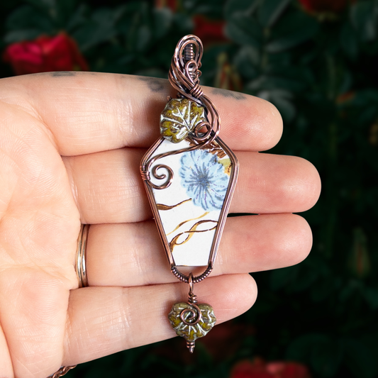 Vintage China Coffin Pendant With Czech Glass Leaves - Antiqued Copper