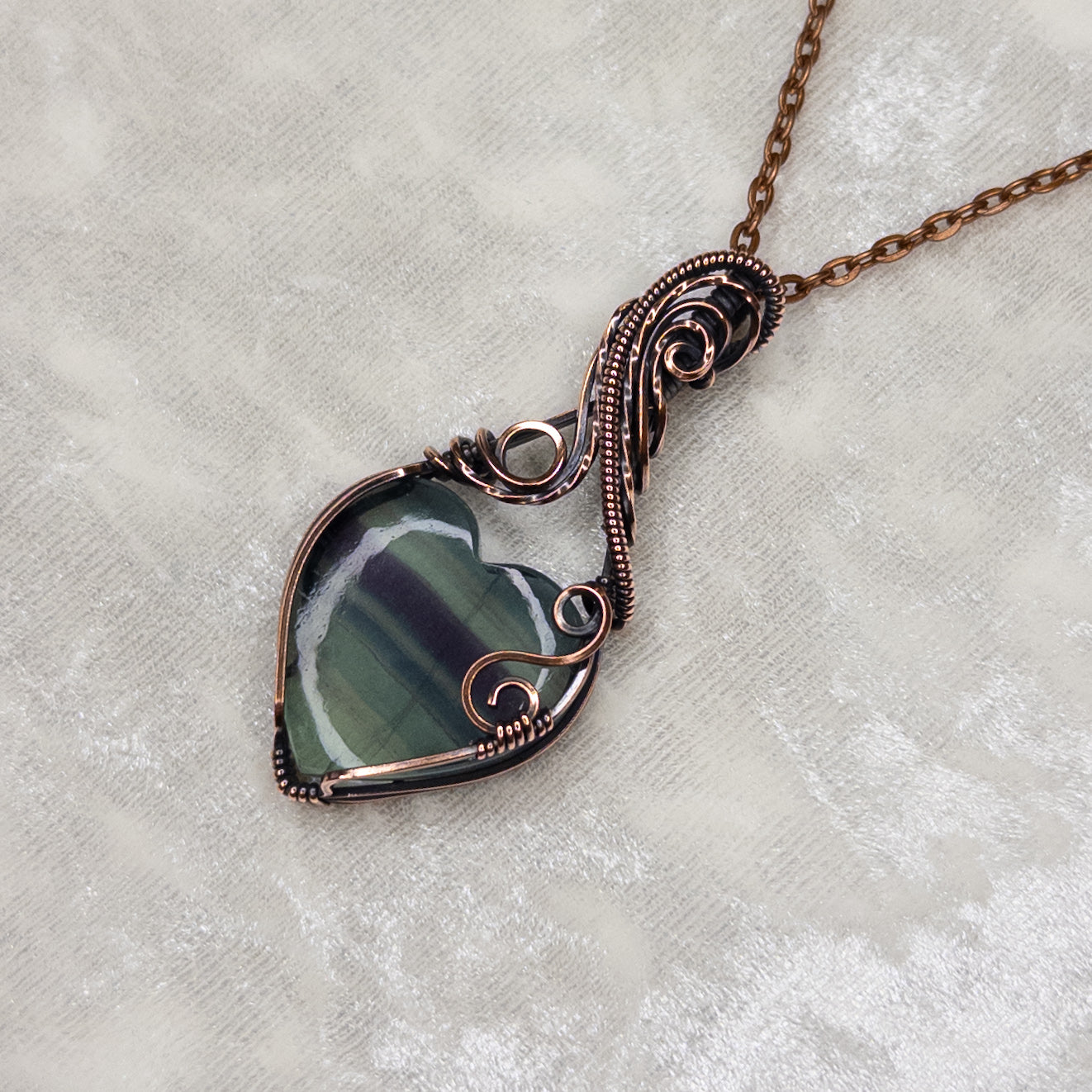 Banded Fluorite Heart Antiqued Copper Pendant
