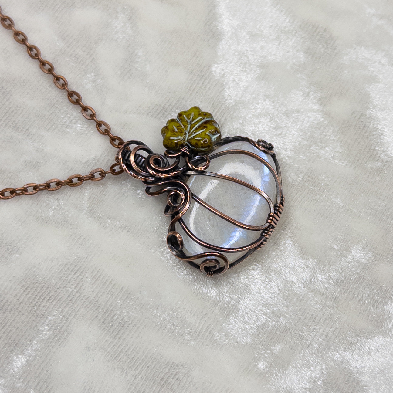 Moonstone Antiqued Copper Pumpkin Pendant With Czech Glass Leaf