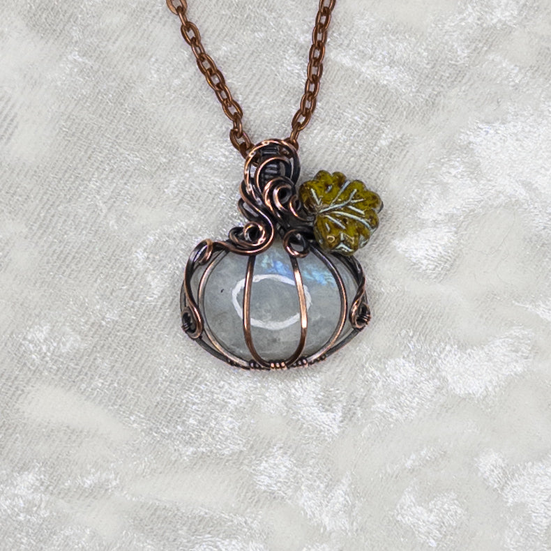 White Moonstone Antiqued Copper Pumpkin Pendant With Czech Glass Leaf