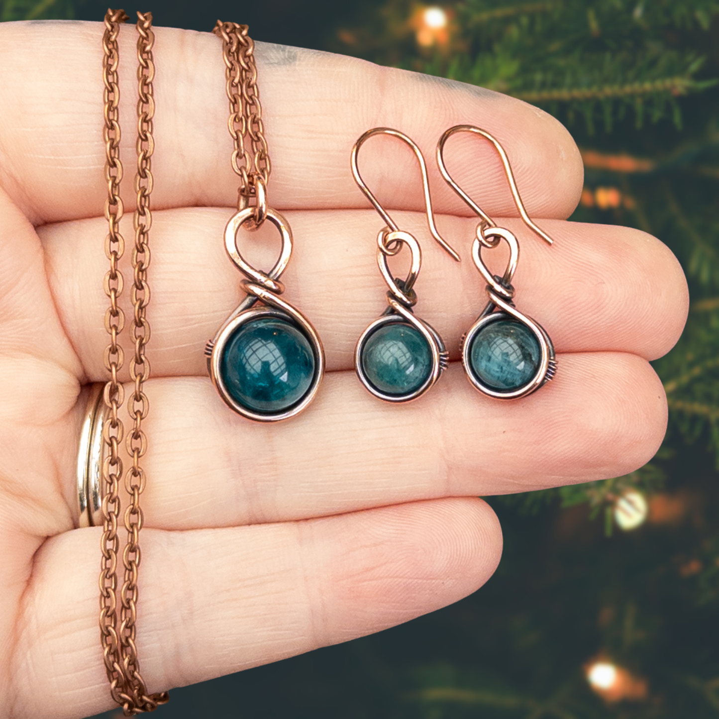 Drops of Apatite Antiqued Copper Pendant & Earrings Set