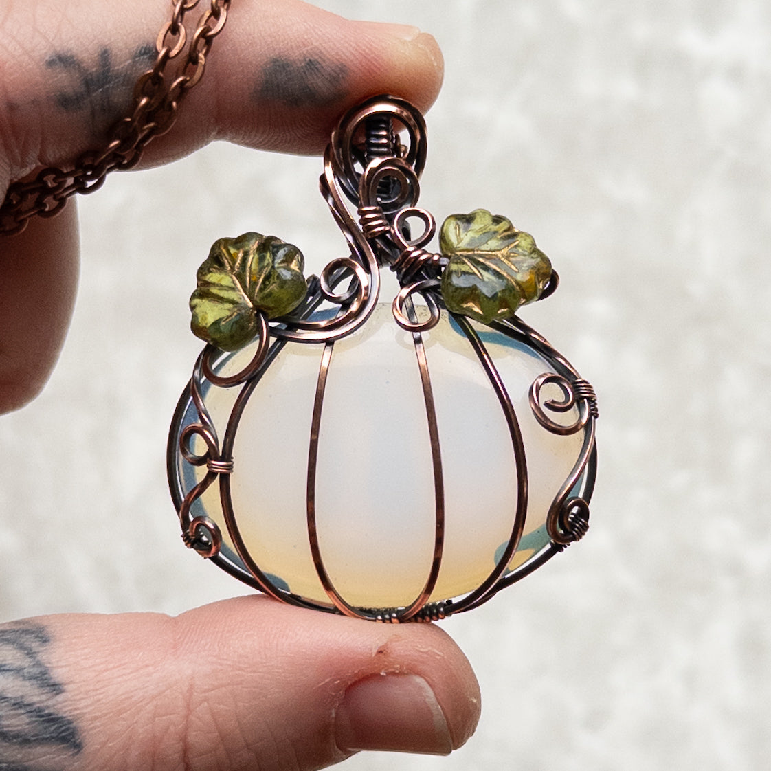 Opalite Glass Antiqued Copper Pumpkin Pendant With Czech Glass Leaves