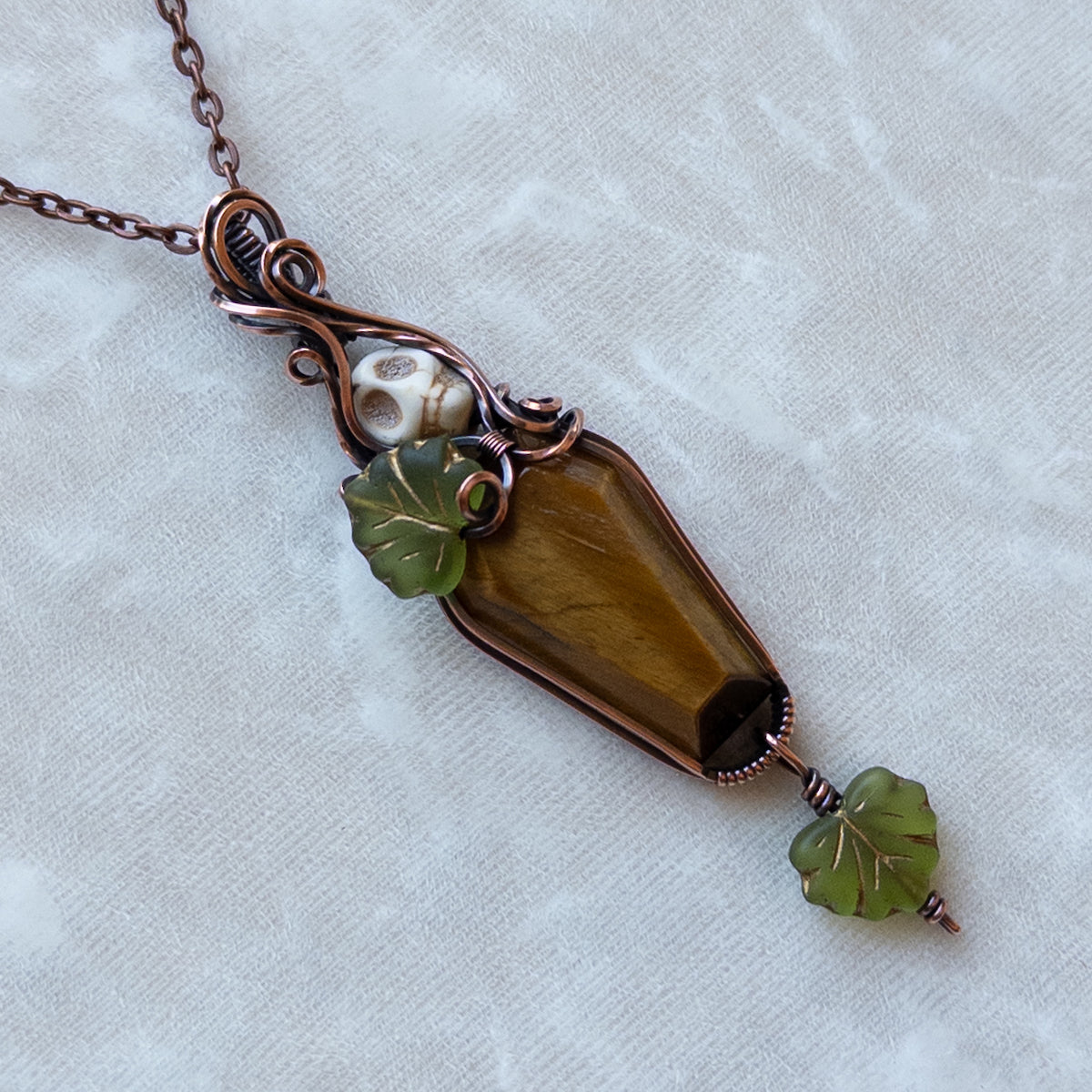 Tiger’s Eye Coffin & Skull Antiqued Copper Pendant With Czech Glass Leaves