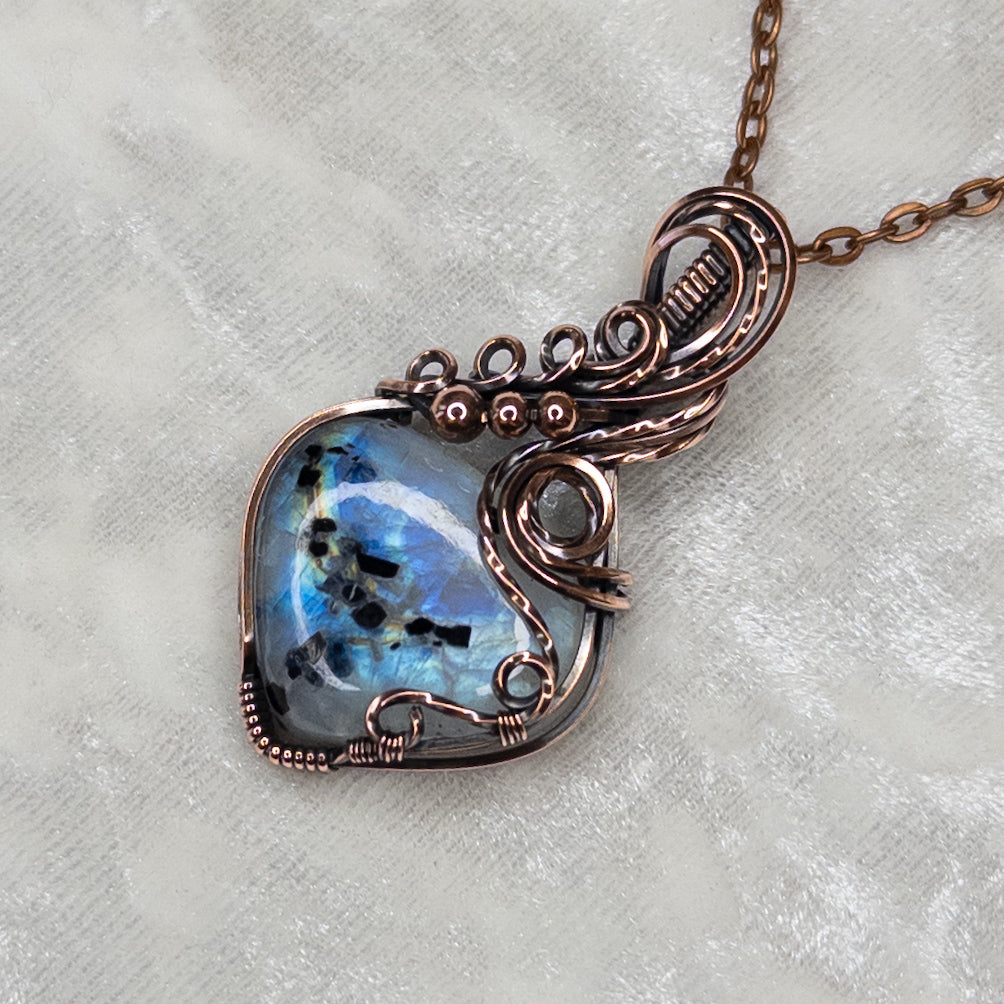 Rainbow Moonstone W/ Black Tourmaline Antiqued Copper Pendant